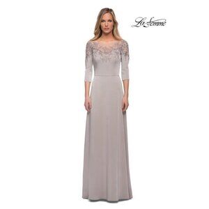 La Femme Womens Size 4 Silver 29227 Embroidered Illusion Neck Gown $469 New